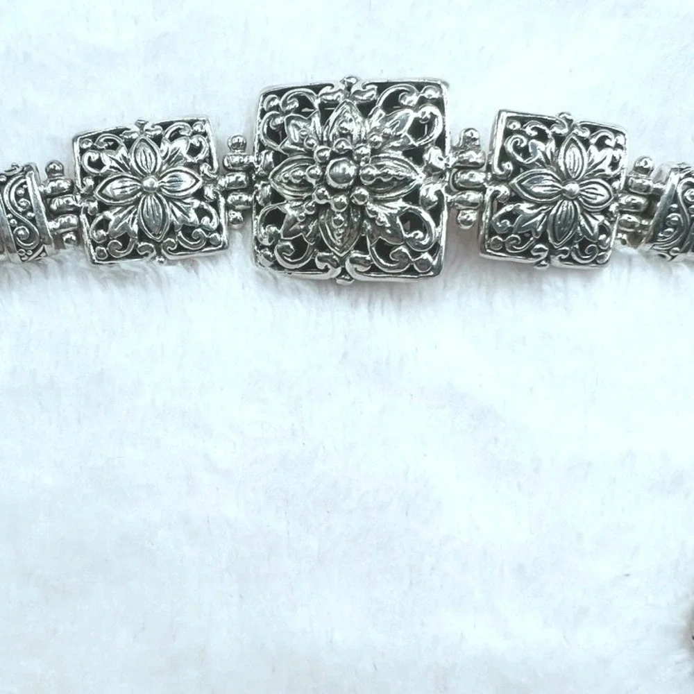 Sterling Silver Sarda Panel Bracelet Raised Square Floral Toggle Clasp Open Work